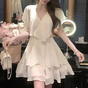 French Style Cream V-Neck Short Belted Romper Tie Front Ruffle Sleeve Jumpsuit